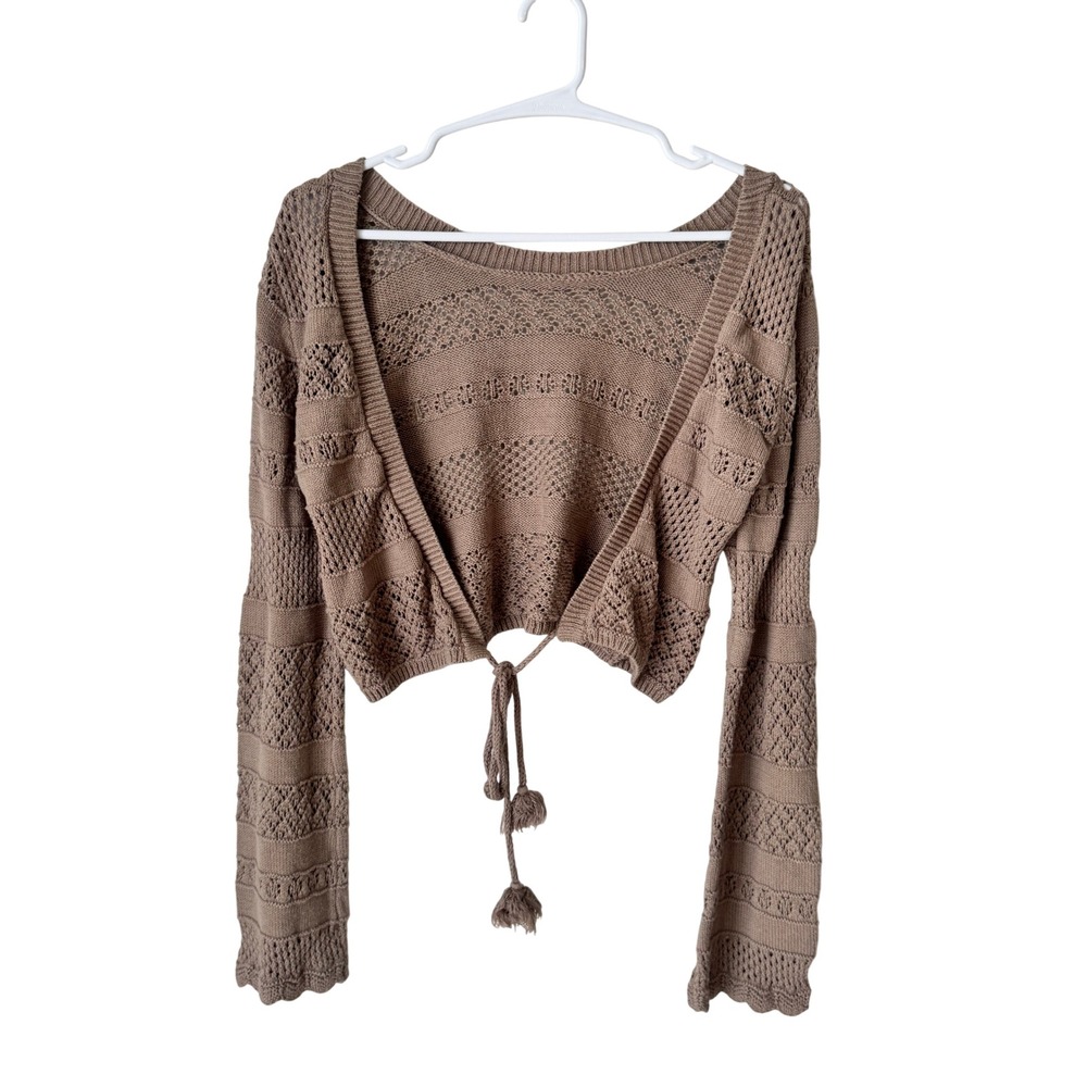 Aerie Brown Pointelle Open Knit Cropped Tie Front Cardigan Tassel Small 3579